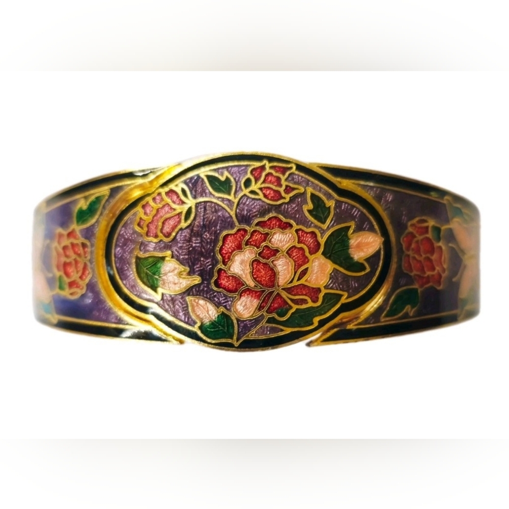 VTG Cloisonne Hinged Bracelet Cuff Purple with Flowers & Butterflies Gold Enamel